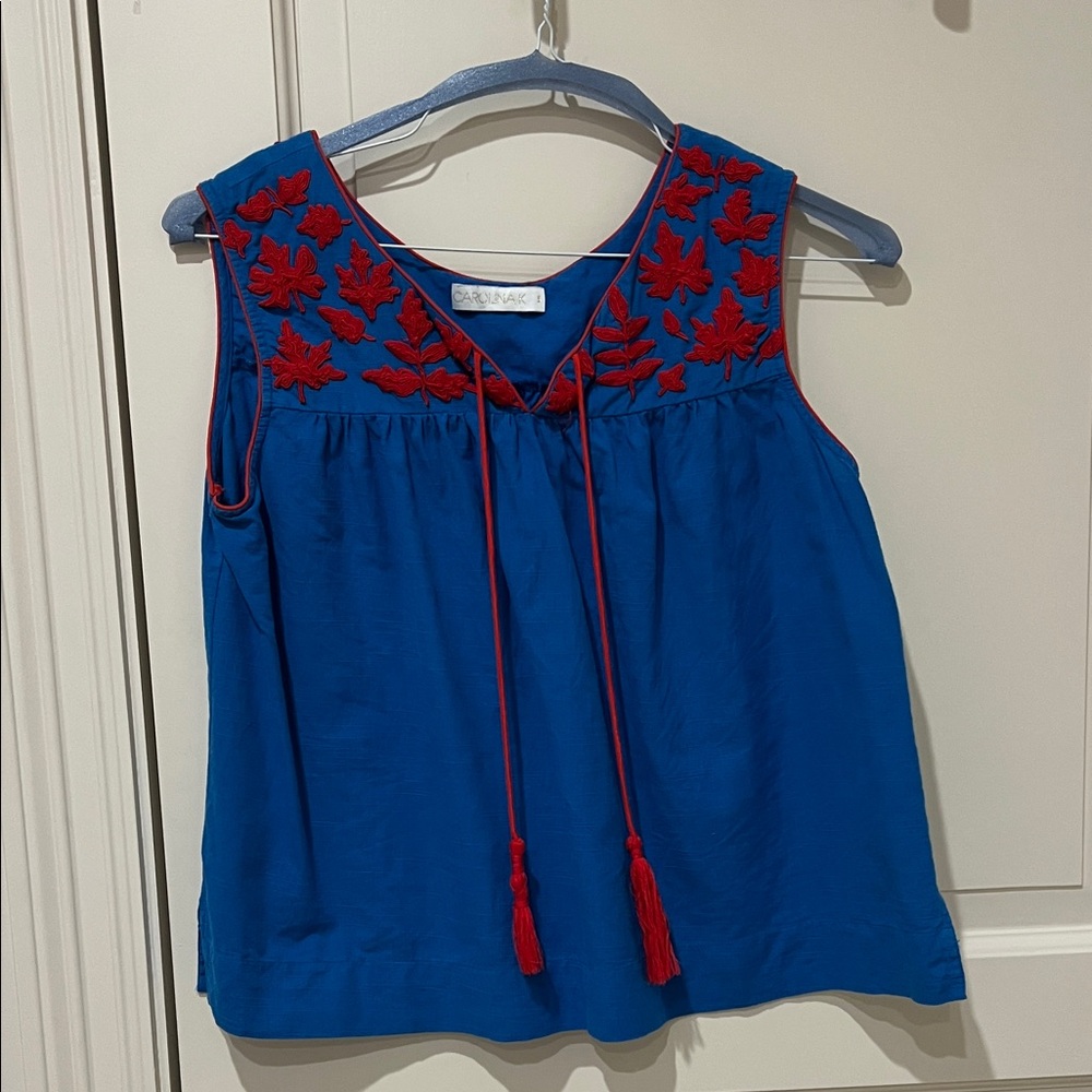 Carolina K Chic Blue Blouse with Red Leaf Embroidery
